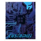 Custom Cyber Blue PCB Circuit Board Tech Art ポスター (正面)