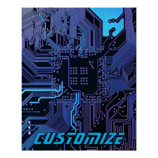 Custom Cyber Blue PCB Circuit Board Tech Art ポスター