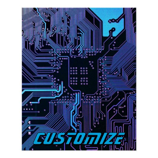 Custom Cyber Blue PCB Circuit Board Tech Art ポスター (正面)