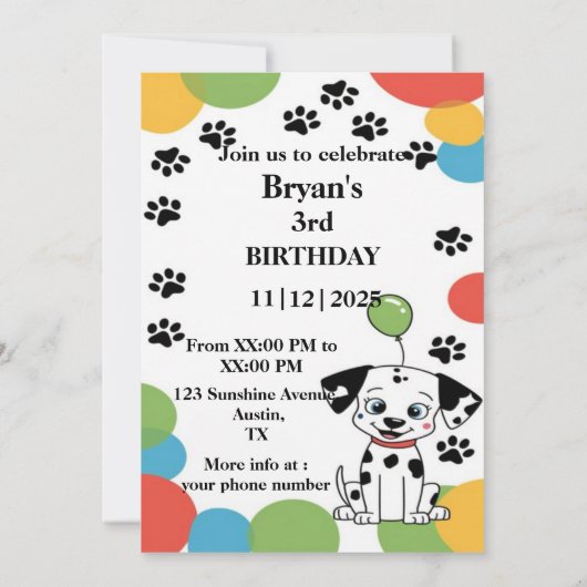 Custom Dalmatian birthday Invitation card 招待状 (裏面)