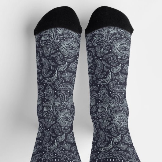 Custom Dark Blue Grey Purple Paisley Pattern ソックス (上部)