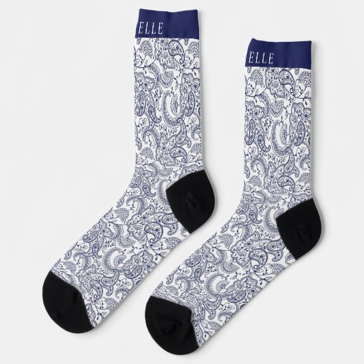 Custom Dark Navy Blue White Paisley Pattern Socks  ソックス (左)