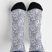 Custom Dark Navy Blue White Paisley Pattern Socks ソックス (上部)