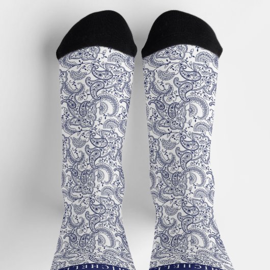 Custom Dark Navy Blue White Paisley Pattern Socks  ソックス (上部)
