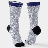 Custom Dark Navy Blue White Paisley Pattern Socks  ソックス (傾斜あり)