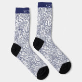 Custom Dark Navy Blue White Paisley Pattern Socks ソックス (右)