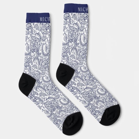 Custom Dark Navy Blue White Paisley Pattern Socks  ソックス (右)
