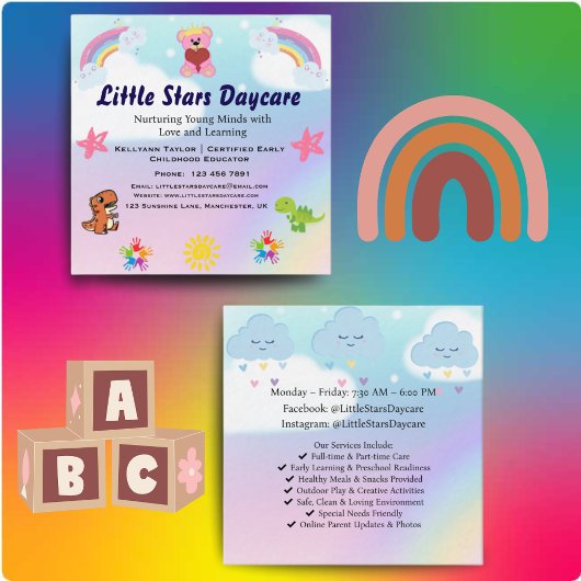 Custom Daycare Business Card | Cute Pastel Rainbow スクエア名刺