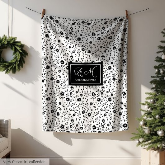 Custom Decorative Blanket Black White Wildflowers  フリースブランケット