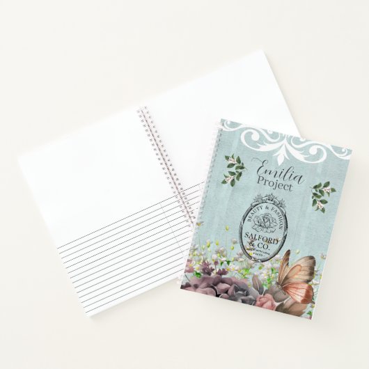Custom decoratived botanical retro logo Blue ノートブック (内部)