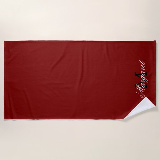 Custom Deep Red Beach Towel with Name and Initial ビーチタオル (正面)