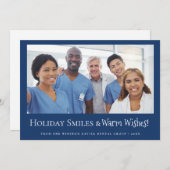 Custom Dental Office Photo Holiday Smiles Blue シーズンカード (正面/裏面)