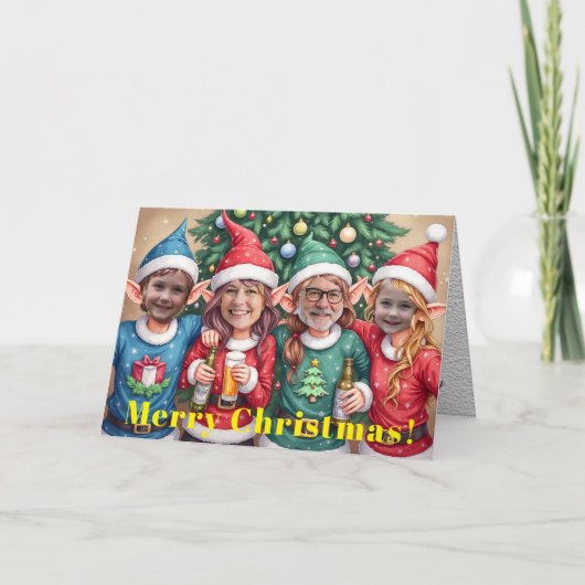 Custom Digital Add Your Face 4 Photo Elves Xmas カード (正面)