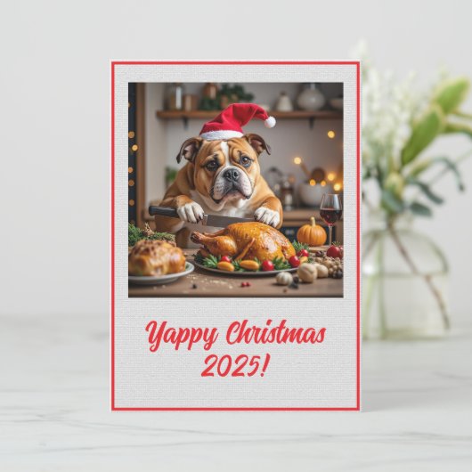 Custom Digital Bulldog Yappy Christmas Turkey Xmas カード (スタンド正面)