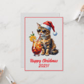 Custom Digital Christmas Cool Cat Cocktail Xmas カード (正面/裏面インサイチュ)