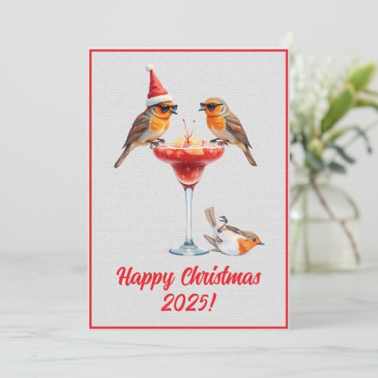 Custom Digital Christmas Robins Cocktail Xmas カード (スタンド正面)