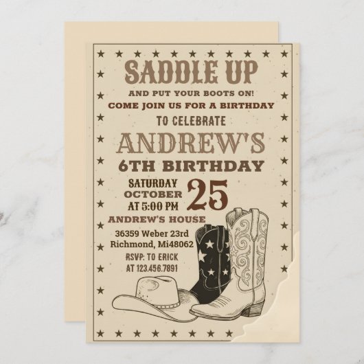 Custom Digital Cowboy Wild West Birthday 招待状 (正面/裏面)