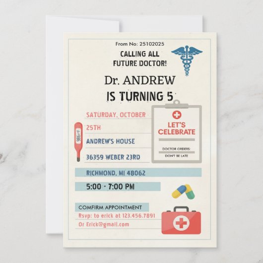 Custom Digital Doctor Kids Pretend Birthday Party 招待状 (正面)