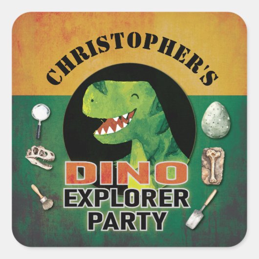 Custom Dino Explorer Dinosaur Birthday スクエアシール (正面)