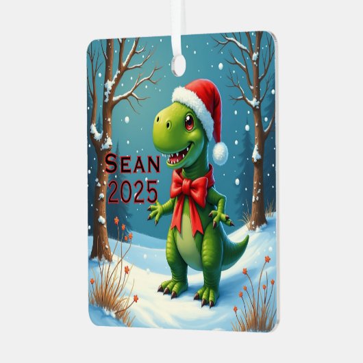 Custom Dinosaur Red Bow メタルオーナメント (正面左)