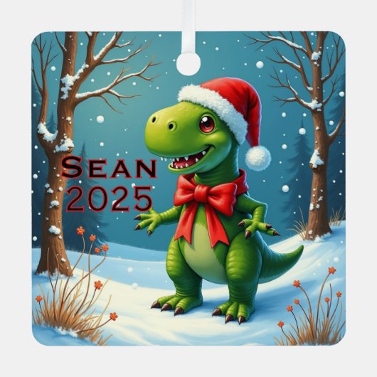 Custom Dinosaur Red Bow メタルオーナメント (正面)