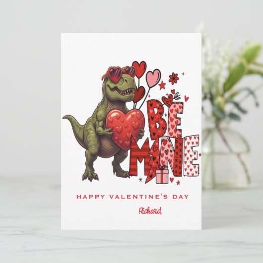 Custom Dinosaur Valentine Card – T‑Rex Be Mine 招待状 (スタンド正面)