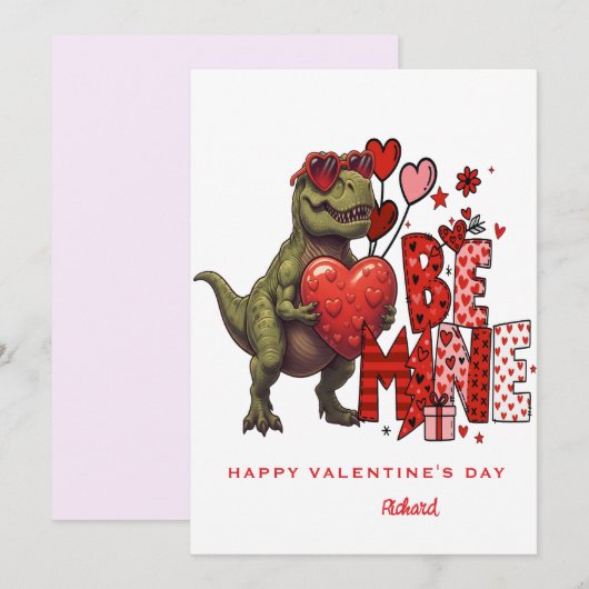 Custom Dinosaur Valentine Card – T‑Rex Be Mine 招待状 (正面/裏面)