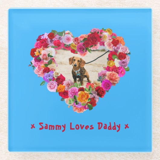 Custom Dog, Cat, Pet Photo Father's Day Rose Heart ガラスコースター (正面)