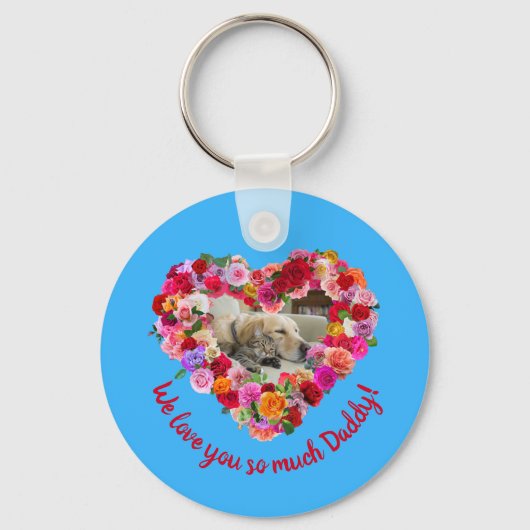 Custom Dog, Cat, Pet Photo Father's Day Rose Heart キーホルダー (正面)