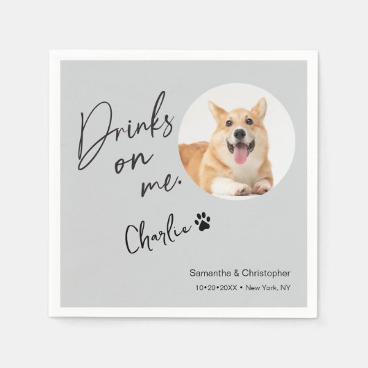Custom Dog Photo Drinks on Me Fun Wedding スタンダードカクテルナプキン (正面)