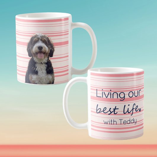Custom Dog Photo Mug Muted Pink Stripe Name コーヒーマグカップ