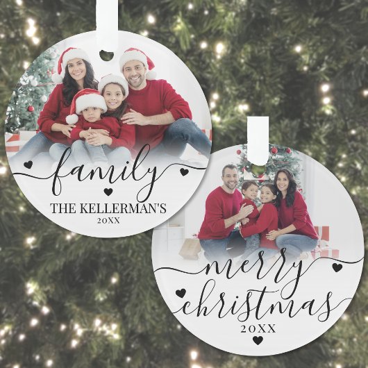 Custom Double Sided Family Two Photo Christmas オーナメント