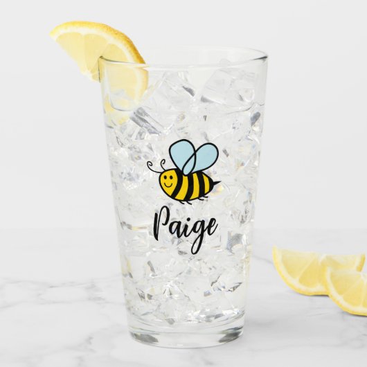 Custom drink glass with cute animated bee logo タンブラーグラス (アイス正面)