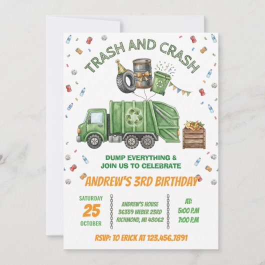 Custom Dump Truck Trash Bash Birthday Invitation 招待状 (正面)