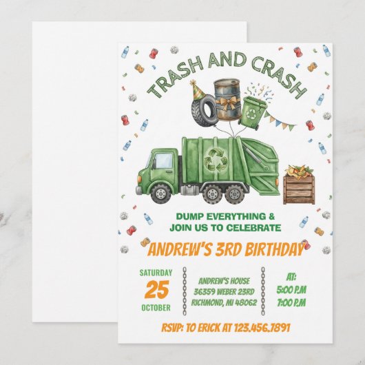 Custom Dump Truck Trash Bash Birthday Invitation 招待状 (正面/裏面)