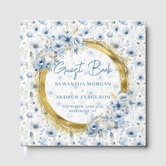 Custom Dusty Blue Gold Glitter Wedding Guest Book ゲストブック (正面)