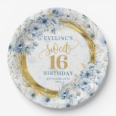 Custom Dusty Blue Sweet 16 Gold Glitter Birthday  ペーパープレート (正面)