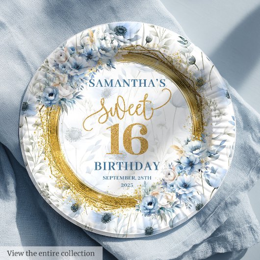 Custom Dusty Blue Sweet 16 Gold Glitter Birthday  ペーパープレート