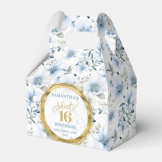 Custom Dusty Blue Sweet 16 Gold Glitter Party Box フェイバーボックス (正面サイド)