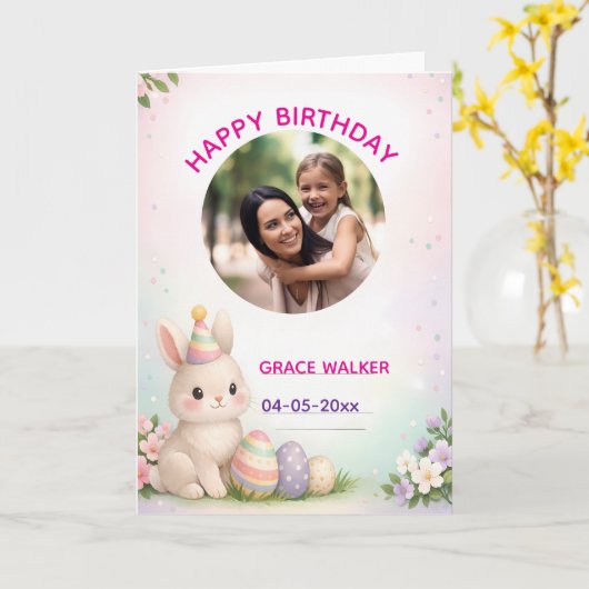 Custom Easter Bunny and Photo Happy Birthday カード (黄色い花)