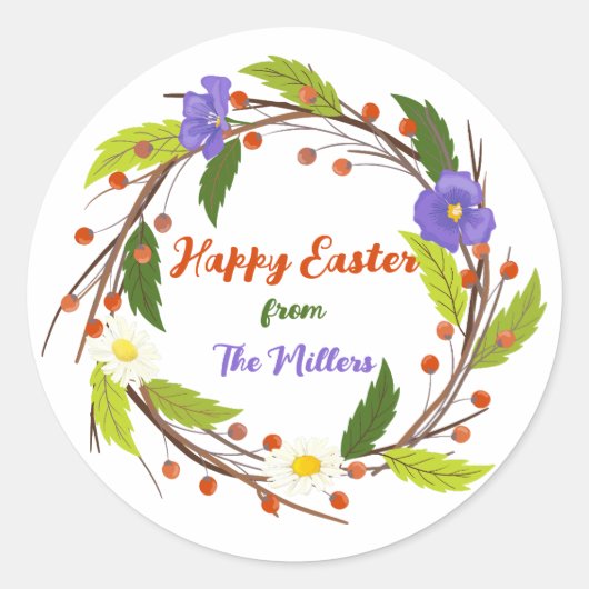 Custom Easter Wreath Sticker with Family Name ラウンドシール (正面)
