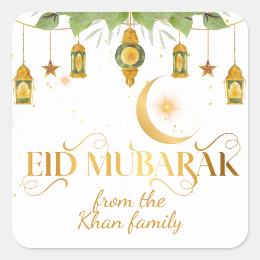 Custom "Eid Mubarak" White Gold Lanterns + Moon スクエアシール (正面)
