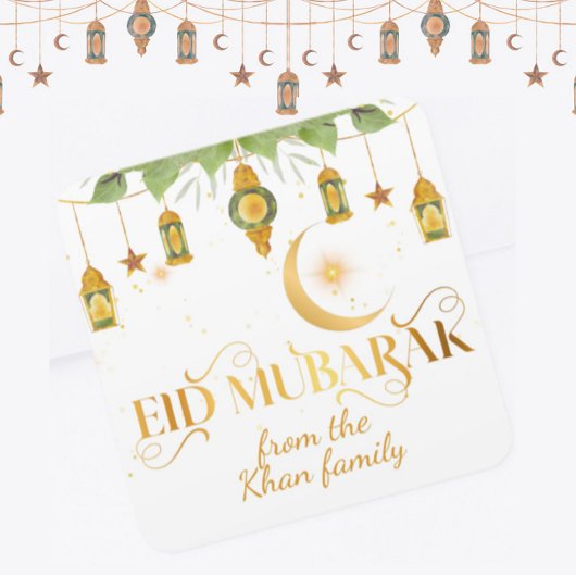 Custom "Eid Mubarak" White Gold Lanterns + Moon スクエアシール