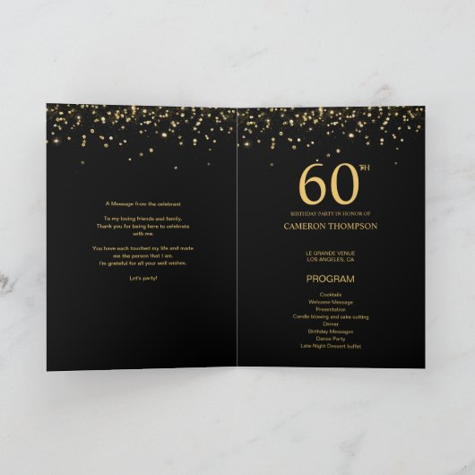 Custom Elegant Black & Gold confetti 60th Birthday プログラム (内部)