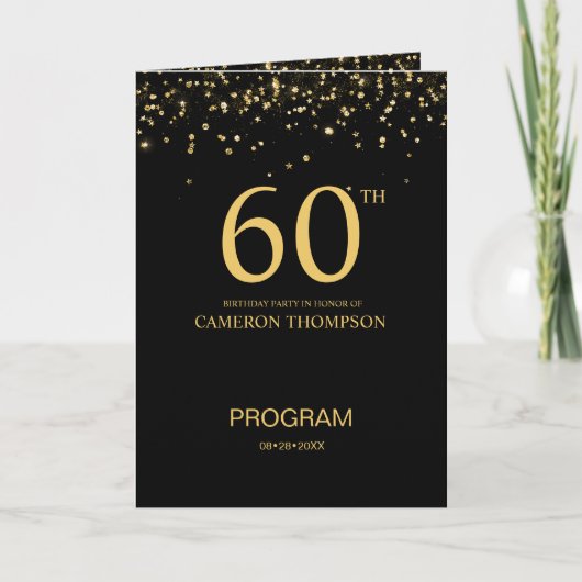 Custom Elegant Black & Gold confetti 60th Birthday プログラム (正面)