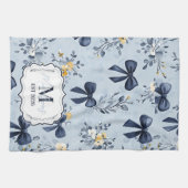 Custom Elegant Blue Bow Floral Monogram キッチンタオル (横)