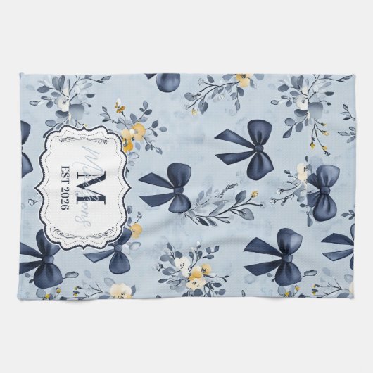 Custom Elegant Blue Bow Floral Monogram キッチンタオル (横)