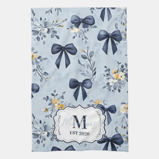 Custom Elegant Blue Bow Floral Monogram キッチンタオル (縦)