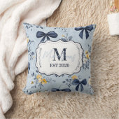 Custom Elegant Blue Bow Floral Monogram クッション (ブランケット)