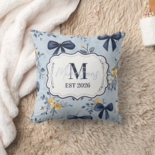 Custom Elegant Blue Bow Floral Monogram クッション (ブランケット)